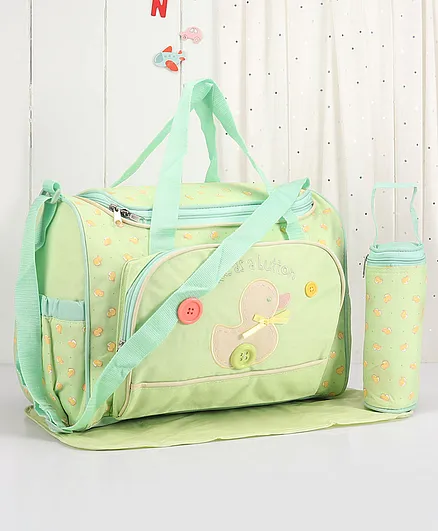 Diaper Bag With Changing Mat & Bottle Holder Duck Print Embroidery - Green