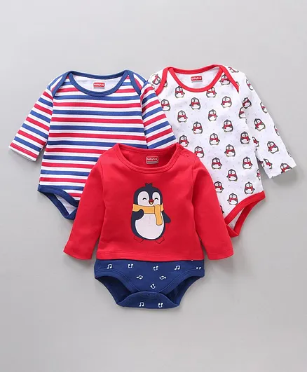 Babyhug 100% Cotton Full Sleeves Onesie Printed & Stripes Pack of 3 - Red Blue White