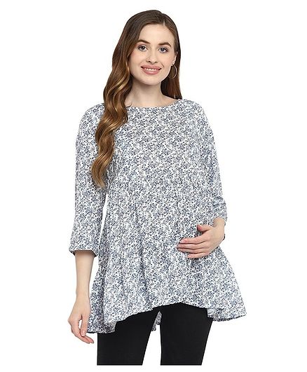 Momsoon Maternity Three Fourth Sleeves Floral Print Maternity Top - Off White