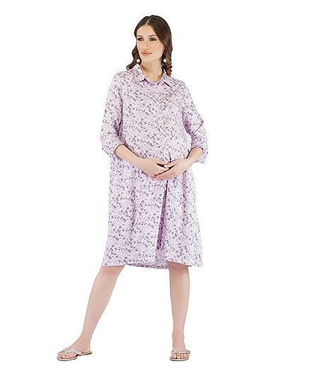 Momsoon Three Fourth Sleeves Floral Print Maternity Nursing Shirt Dress - Purple
