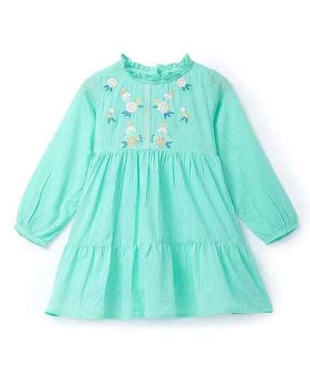 Soul Fairy Full Sleeves Flower Embroidery Detail Self Design Dress - Green