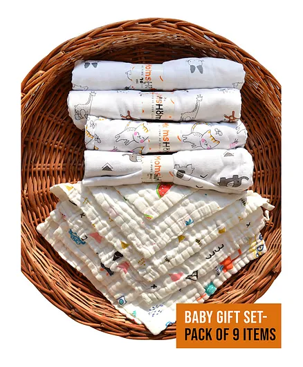 Mom's Home Supersoft Baby Organic Cotton Muslin Gift Set Pack Of 9 - Multicolor