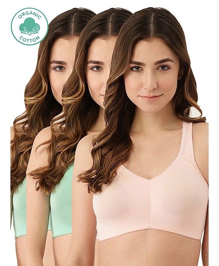 Inner Sense Pack Of 3 Organic Antimicrobial Low Impact Lounge Bra With Removable Pads - Baby Pink & Sea Green