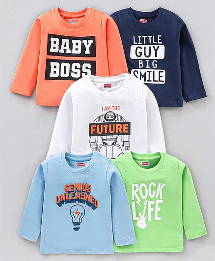 Buy Babyhug Full Sleeves Cotton T Shirts Printed Pack Of 5 Multicolor For Boys 4 5 Years Online In India Shop At Firstcry Com