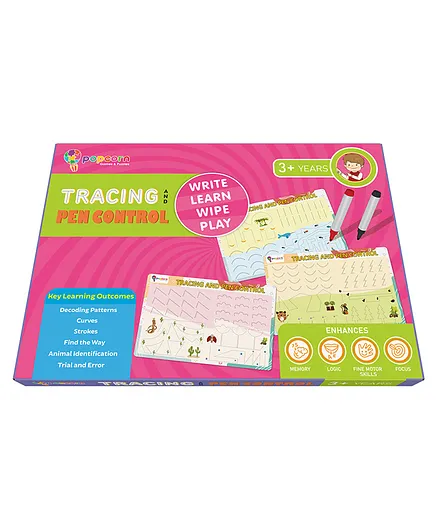 Popcorn Tracing and Pen Contro Reusable Activity Mats with 2 Marker Pens - Multicolour
