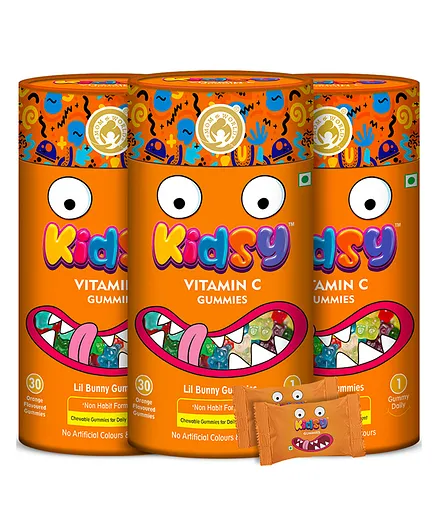 Mom & World Kidsy Calcium Vitamin D Gummies Chewable No Gelatin For Daily Nourishment Orange Flavoured Pack of 3 - 30 Pieces Each