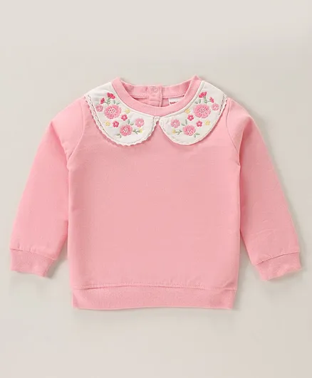 Babyhug Full Sleeves Sweatshirt with Floral Embroidery & Peter Pan Collar - Pink