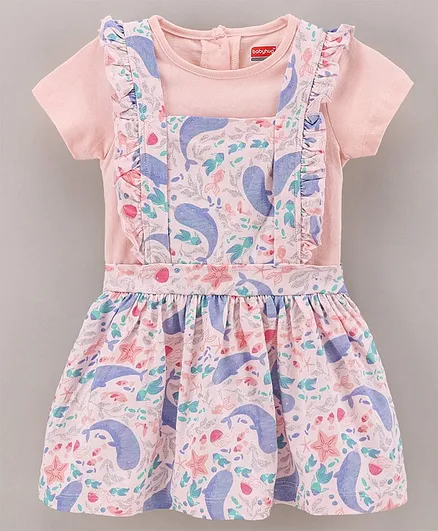 Babyhug 100% Cotton Dungaree Style Frock With Tee Floral Print - Pink