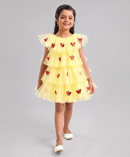 Enfance Short Sleeves Butterfly Applique Layered Party Dress - Yellow