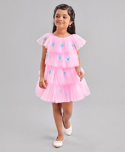 Enfance Short Sleeves Butterfly Applique Layered Party Dress - Pink