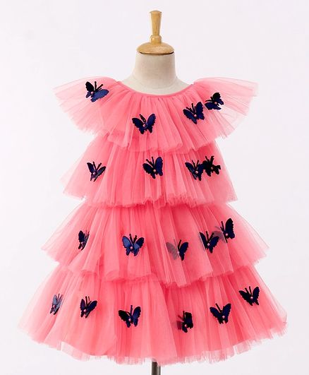 Enfance Short Sleeves Butterfly Applique Layered Party Dress - Tomato Red
