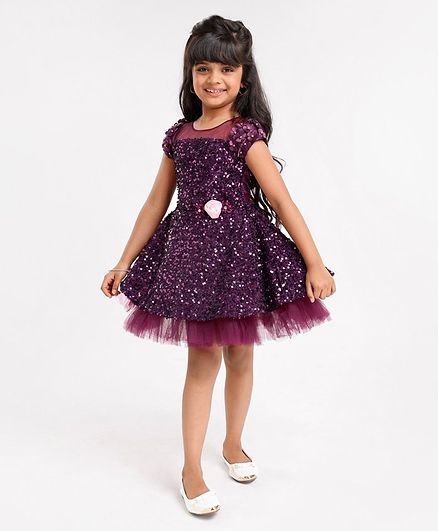 Enfance Short Sleeves Floral Applique And Sequin Embellished Party Dress - Purple
