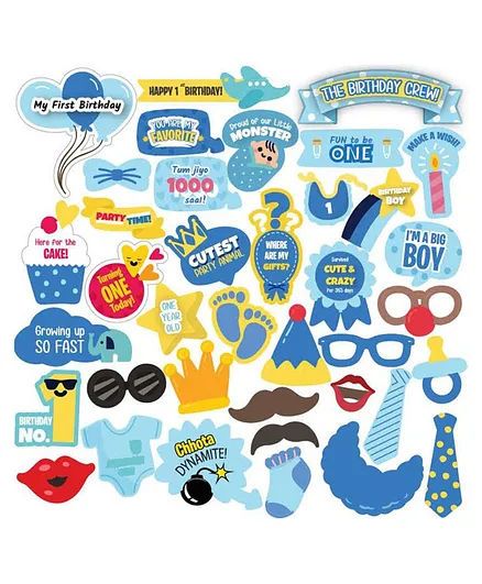 Crackles First Birthday Party Photo Booth Props Blue - Pack of 38