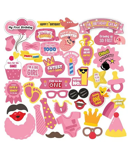 Crackles First Birthday Party Photo Booth Props Pink - Pack of 38