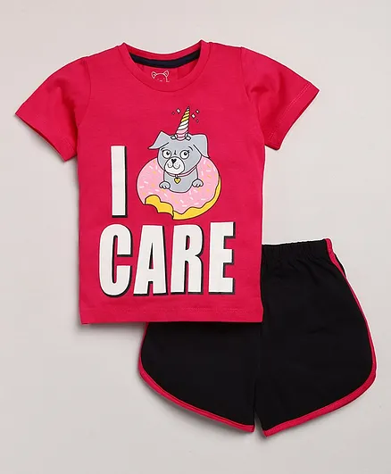 Little Marine Short Sleeves I Donot Care Print Tee With Shorts - Pink