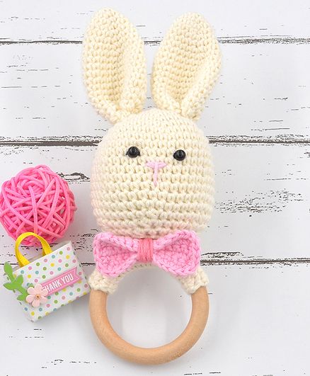 Love Crochet Art Rabbit Shaped Rattle Cum Soft Toy - Cream