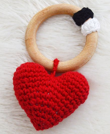 Love Crochet Art Non Toxic Wooden Teether Heart Shape - Red