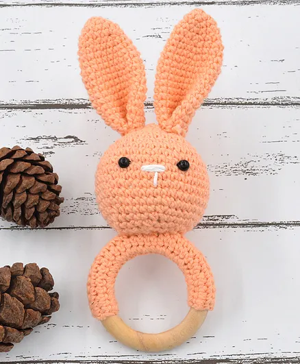 Love Crochet Art Beech Wood Bunny Shape Rattle Teether - Peach
