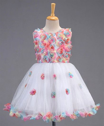 Enfance Sleeveless Rosette Corsage Detail Flower Applique Flared Dress - Multicolor
