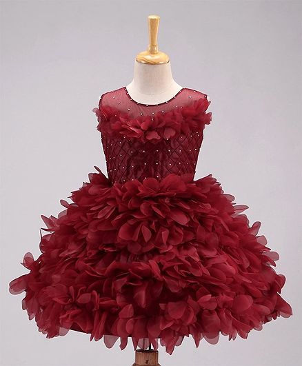 Enfance Sleeveless Ruffled Flowers Tutu Lace Embellished Dress - Maroon