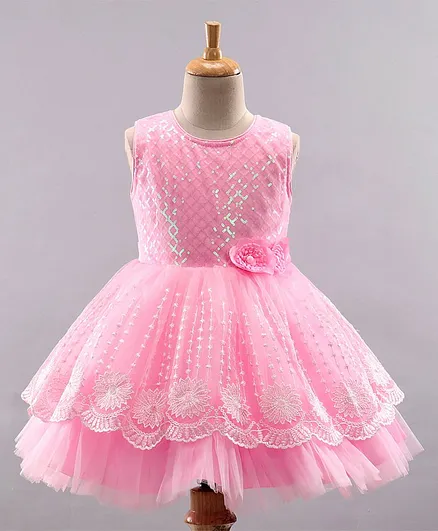 Babyhug Sleeveless Party Wear Sequinned Frock - Pink