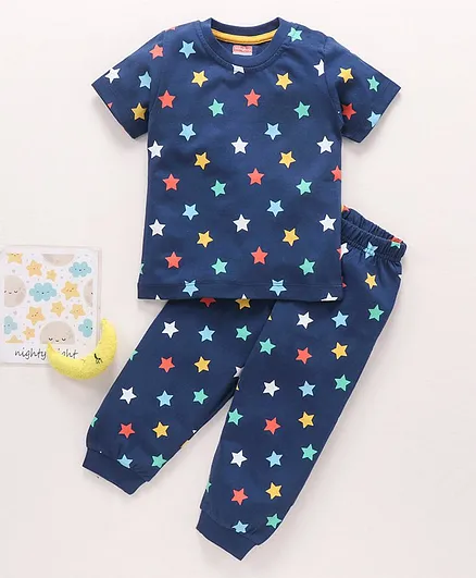 Babyhug Cotton Half Sleeves Night Suit Star Print - Navy Blue
