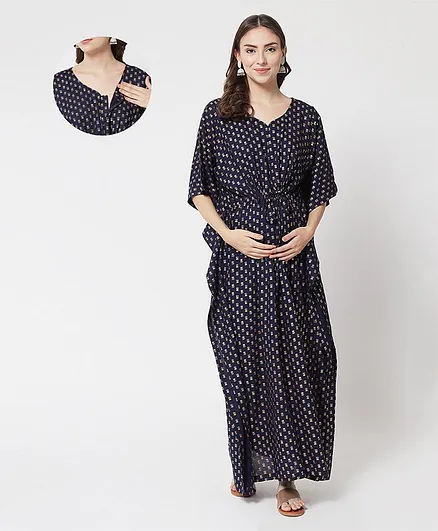 Aujjessa Batwing Sleeves Motif Printed Kaftan Style Maternity Dress - Navy Blue