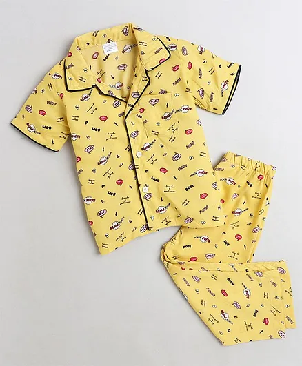 Polka Tots Half Sleeves Conversation Print Night Suit  - Yellow