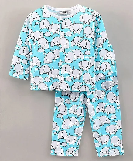 Wonderchild Full Sleeves Elephants Print Night Suit - Blue