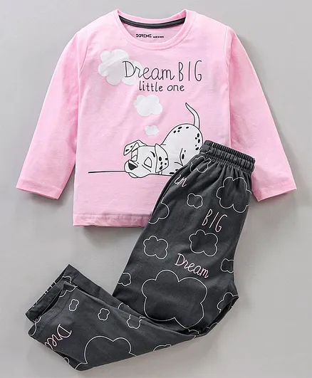 Doreme Full Sleeves Tee & Pyjama Set Cloud & Dog Print- Grey Pink