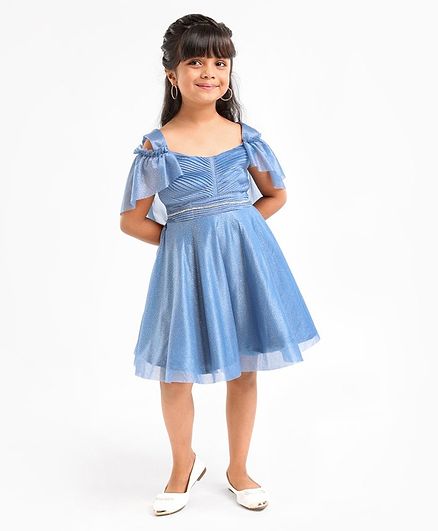 Enfance Sleeveless Glittered Pleated Ruched Detail Flared Dress With Head Band - Blue