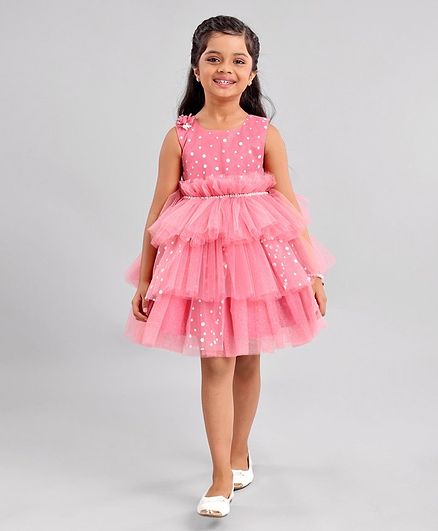Enfance Sleeveless Polka Dots Embellished Ruffled & Flared Party Dress - Pink
