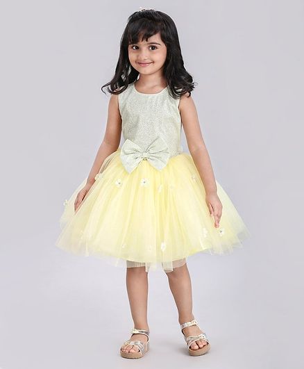 Enfance Sleeveless Bow Flower Appliqued & Embellished Flared Party Dress - Lemon Yellow