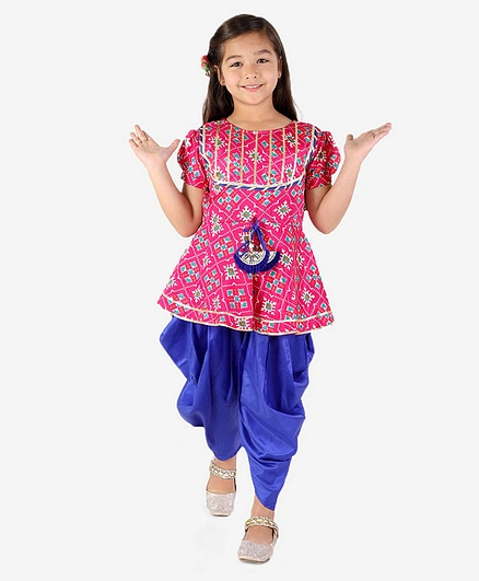 Kid1 Short Sleeves Pattola Print Top With Dhoti - Pink & Blue