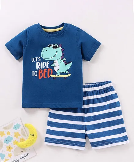 Babyhug Half Sleeves Tee With Shorts Dino & Stripes Print- Blue