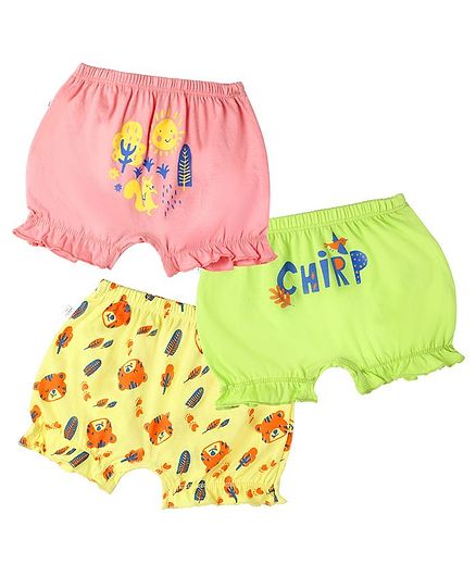 Plan B Pack Of 3 Outback Forest Animals Printed Bloomers - Peach Lime Green & Lemon Yellow