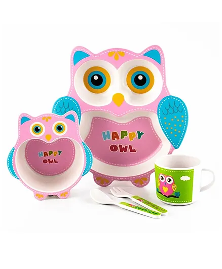 VELLIQUE Cartoon Animal Owl Bamboo Fiber Dinnerware Plate and Bowl Set for Kids Toddler Plate Bowl Cup Spoon Fork Eco Friendly Non Toxic Self Feeding Baby Utensil Set of 5 Pcs - Multicolor