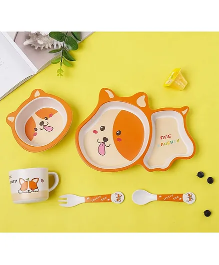 VELLIQUE Cartoon Animal Puppy Bamboo Fiber Dinnerware Plate and Bowl Set for Kids Toddler Plate Bowl Cup Spoon Fork Eco Friendly Non Toxic Self Feeding Baby Utensil Set of 5 Pcs - Multicolor