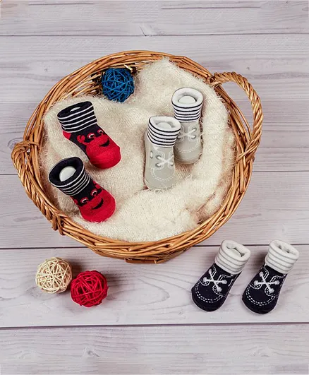 Baby Moo Pair Of 3 Shoelace Design Socks - Black Red & Grey