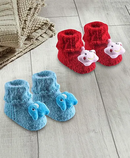 Baby Moo Pack Of 2 Pairs Crochet Elephant Cartoon Design Booties - Blue & Red