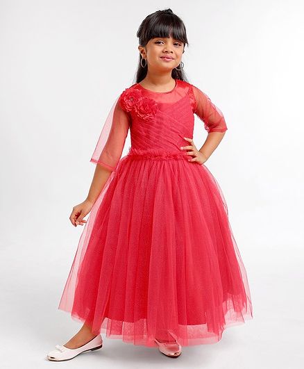 Enfance Sleeveless Flower Applique Embellished Gown With Three Fourth Sleeves Inner Top - Red