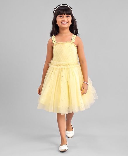 Enfance Sleeveless Pearl Embellished Flower Applique Glitter Detail Dress - Lemon Yellow