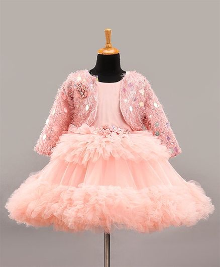 Enfance Sleeveless Flower Applique Ruffled Dress With Full Sleeves Fur Detail Jacket - Peach