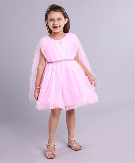 Enfance Full Sleeves Pearl Embellished Heart Foil Heart Printed Flared Dress - Pink
