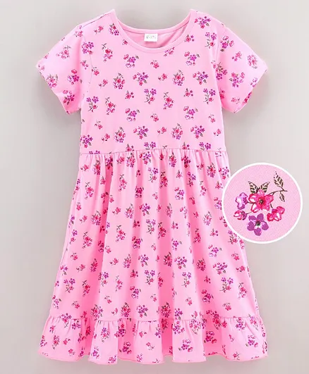 Hola Bonita Short Sleeve Dress With a Ruffle Hem Floral Print - Pink