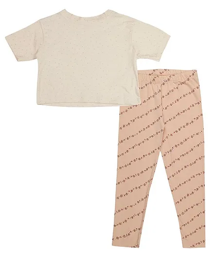 RAINE AND JAINE Half Sleeves Dots Printed Crop Top & Shells Printed Leggings Set - Peach