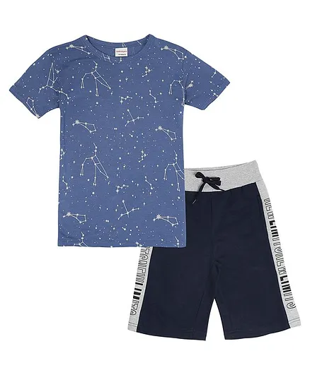 RAINE AND JAINE Half Sleeves Constellations Printed Tee & Placement Text Printed Shorts Set - Blue & Navy Blue