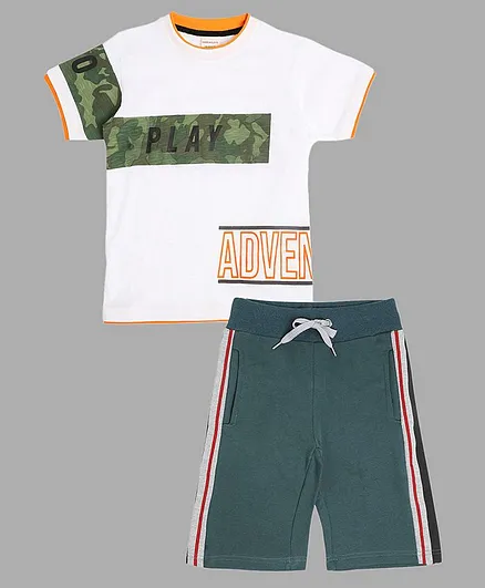 RAINE AND JAINE Half Sleeves Text Placement Printed Tee & Side Strip Detailing Shorts Set - White & Green