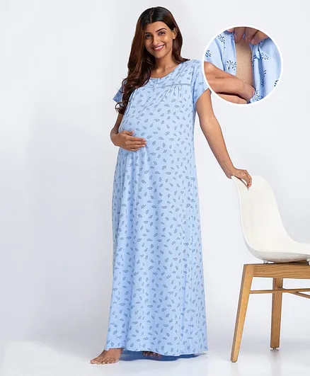 Bella Mama Half Sleeves Cotton Printed Maternity Nighty - Blue