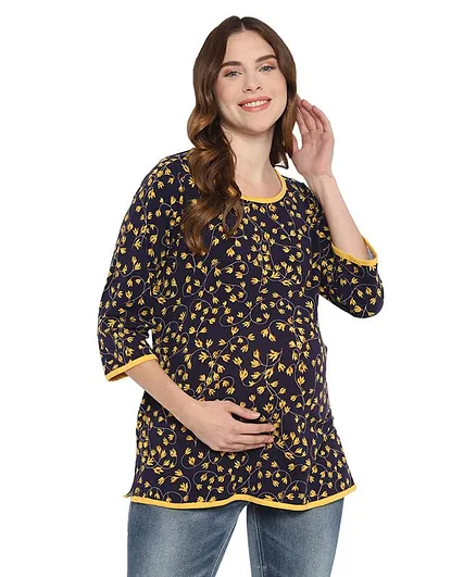 Momsoon Floral Print Three Fourth Sleeves Maternity Top -  Yellow & Blue